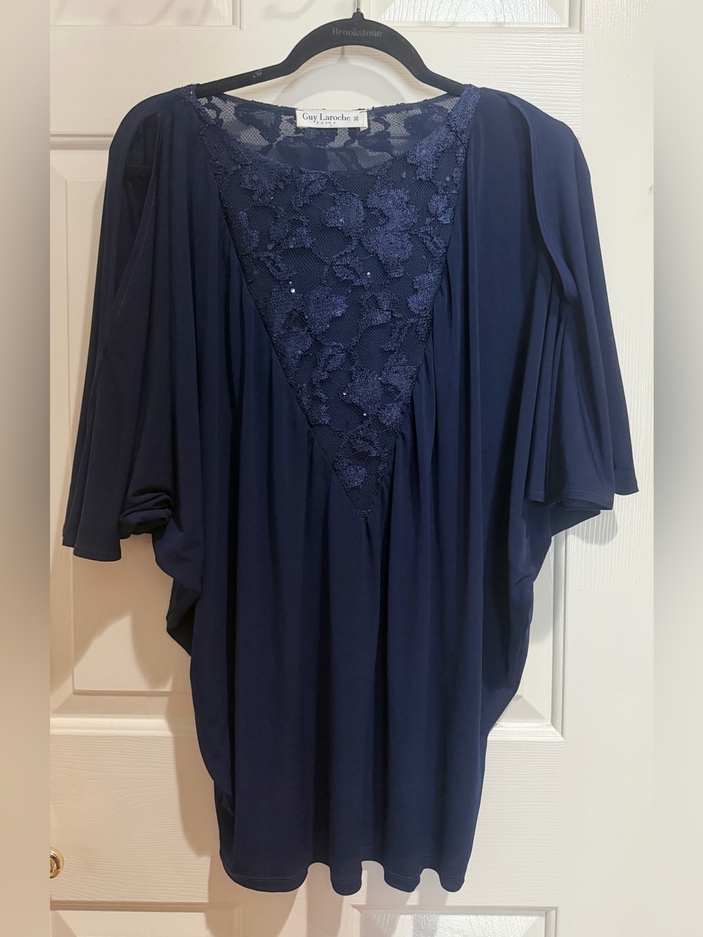 Guy Laroche Navy Lace-Front Draped Cold Shoulder Tunic Size M
